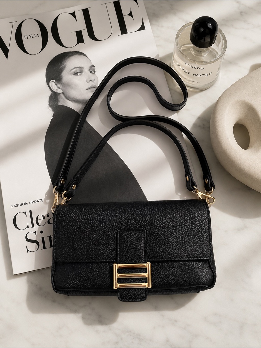 Classic Black Pebbled Leather Crossbody with Gold Buckle